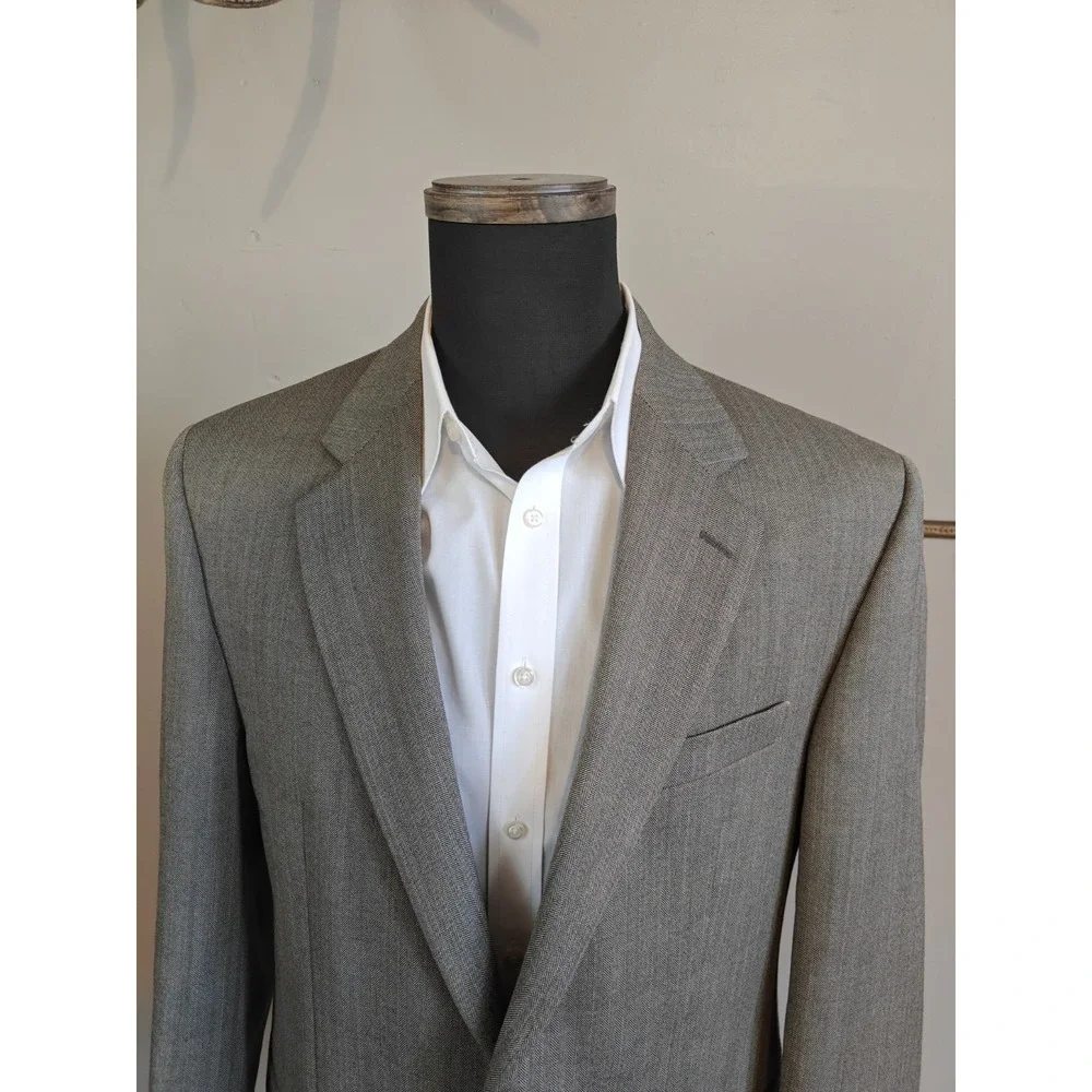 Chaps Mens Wool Blazer 42L Taupe Herringbone 2 Button Sports Coat R804